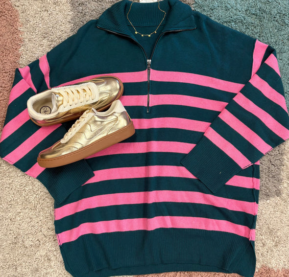 Green and pink Striped Sweater