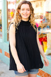 Sweet New Days Black Smocked Neck Pleated Sleeveless Top