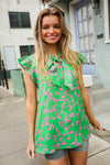 Be Bold Green Animal Print Bow Tie Flutter Sleeve Top