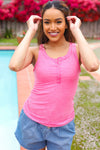 Summer Days Fuchsia Melange Ribbed Henley Button Down Tank