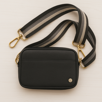 Black Purse With Striped Strap