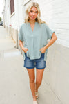 Casual Chic Sage Linen Notch Neck Dolman Short Sleeve Top