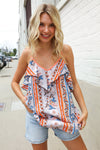Sunny Days Coral Ruffle V Neck Floral Print Sleeveless Top