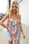 Sunny Days Coral Ruffle V Neck Floral Print Sleeveless Top