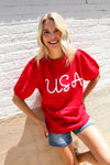 Patriotic USA Red Knit Embroidery Puff Sleeve Sweater Top
