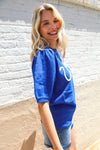 Patriotic USA Blue Knit Embroidery Puff Sleeve Sweater Top