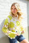 Boho Vibes Ivory/Lime Hand Crochet Scalloped Long Sleeve Top