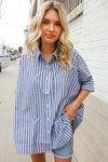 Put Together Blue & White Stripe Button-Down Dolman Sleeve Blouse