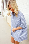Put Together Blue & White Stripe Button-Down Dolman Sleeve Blouse