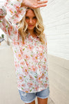 The Feminine Touch Chiffon Button-Down Floral Ruffle Sleeve Blouse