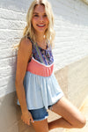 Vacay Vibes Coral/Blue Boho Print Color Block Sleeveless Top