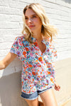 Beautiful You Ivory Floral Print Notch Neck Puff Short Sleeve Top