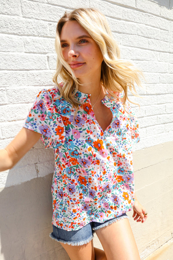 Beautiful You Ivory Floral Print Notch Neck Puff Short Sleeve Top