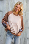 Lock Eyes Taupe & Animal Print Dolman Colorblock Terry Top