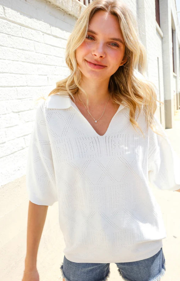 White Pointelle Collar Vneck Top