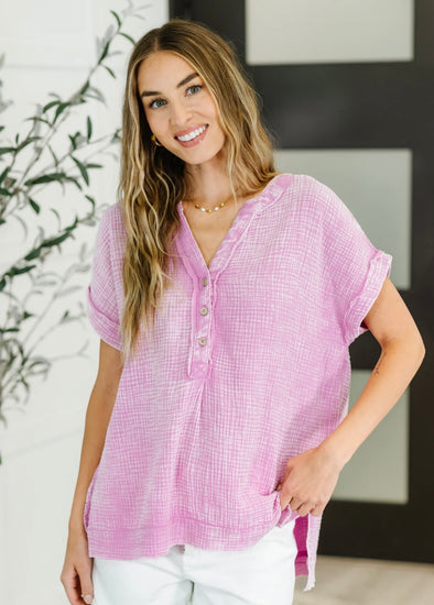 Pink High-Low Waffle Knit Shirt