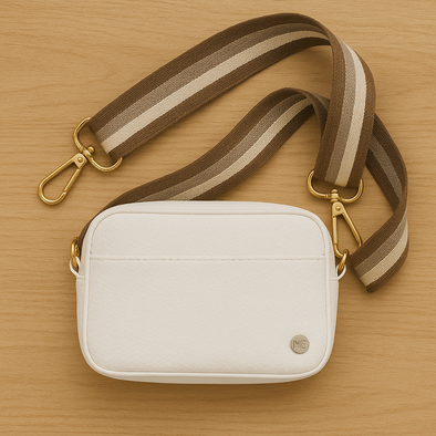White Purse with Brown and White Striped Strap