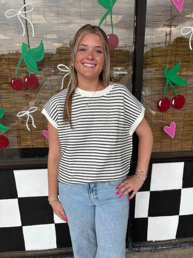 Striped black and white short sleeve sweater