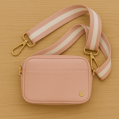 Pink Purse with White and Pink Striped Strap