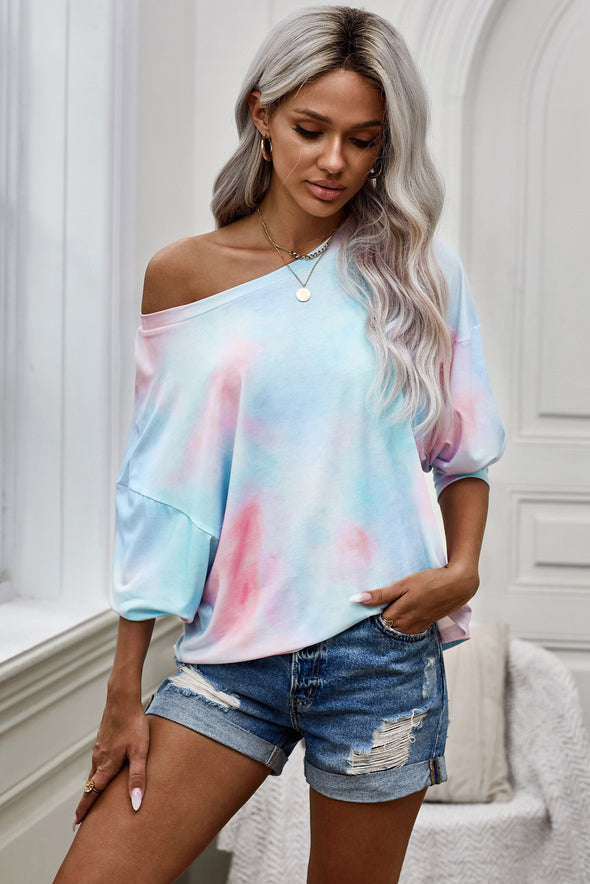 Tie-Dye Boat Neck Batwing Sleeve Tee